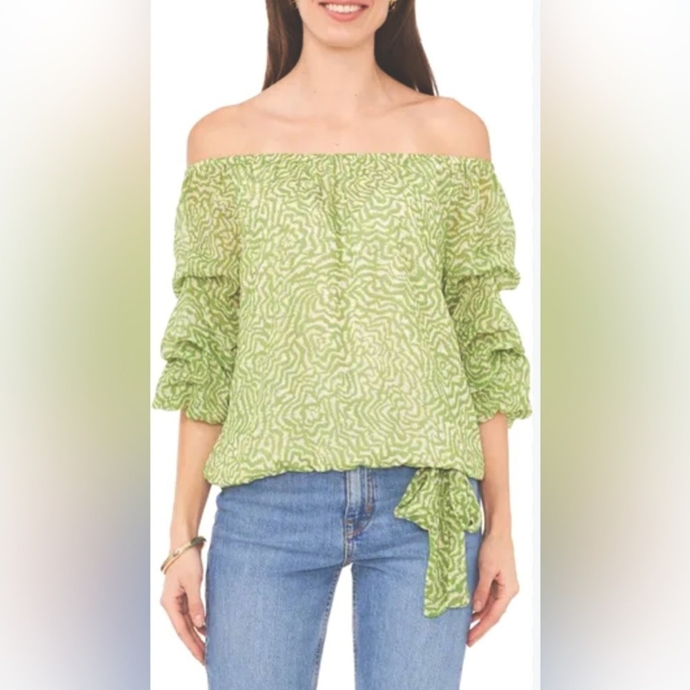 Vince Camuto Green Printed Off The Shoulder Bubble Sleeve Top, Size Small
